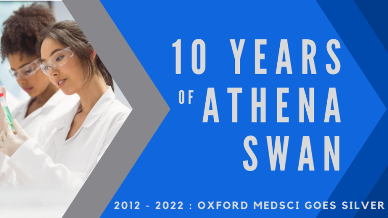 Two medical science researchers, alongside the text '10 Years of Athena SWAN, 2012-2022, Oxford MedSci Goes Silver'